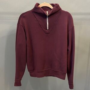 Monrow Mock Neck Quarter Zip Sweatshirt Burgundy Sz S